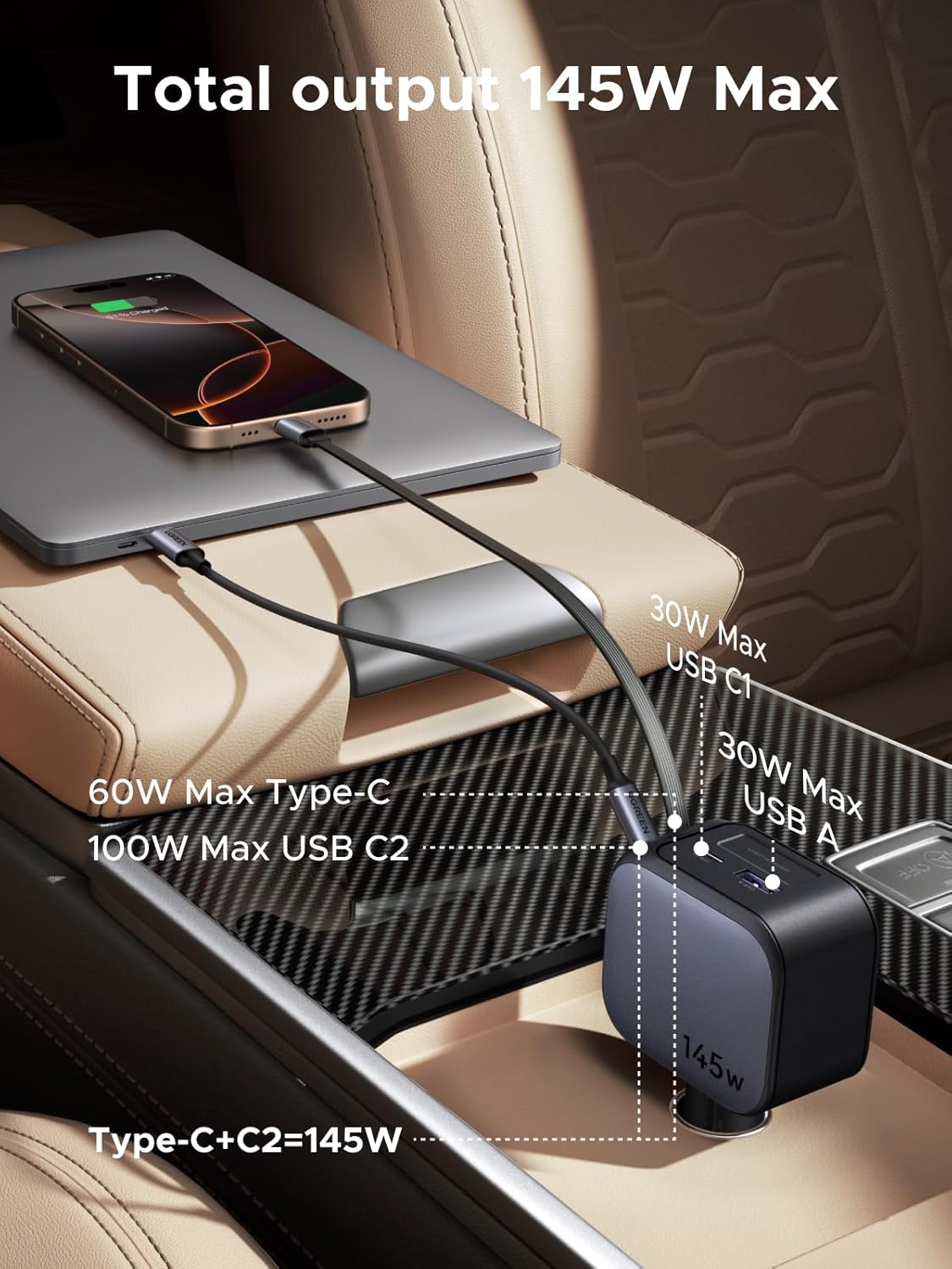 UGREEN 145W 3C1A شاحن سيارة قا - مراجعة Fast Charging Cable وسعره